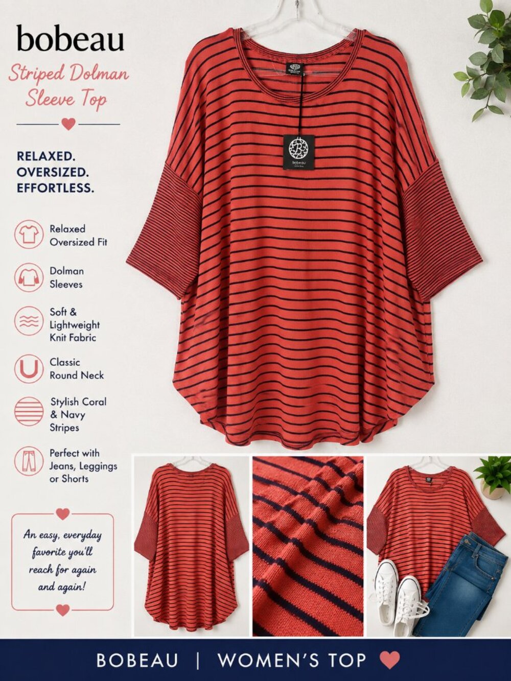 Bobeau Relaxed Oversized Coral & Navy Striped Dolman Sleeve Top Size Women's